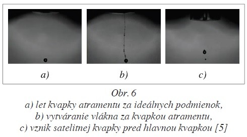 Obr. 6 a) let kvapky atramentu za ideálnych podmienok, b) vytváranie vlákna za kvapkou atramentu, c) vznik satelitnej kvapky pred hlavnou kvapkou [5]